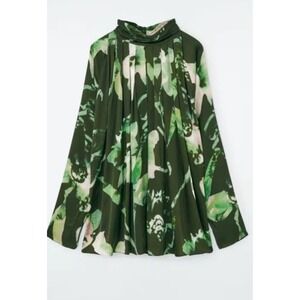 Cos Top‎ Pleated Batwing Floral Satin Women High Neck 2 Green Floral Long Sleeve